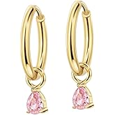 FANSING Lightweight Drop Dangle Huggie Earrings for Women with Teardrop Birthstone Ornament 18k Gold Plated 316L Surgical Steel