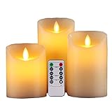HEIOKEY Electronic LED Candle Set of 3 (4" 5" 6") Real Wax Moving Wickess LED Flameless Candles Pillar Lights Battery Operated with Timer and Remote Control for Gifts and Decoration(Ivory White)