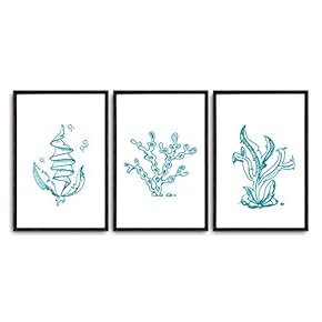 3 Piece Framed Canvas Wall Art Simple Seabed Elements Canvas Prints Home Artwork Decoration for Living Room,Bedroom - 16"x24"x3 Panels