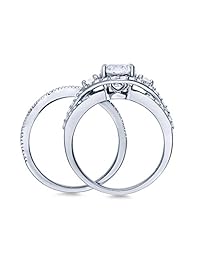 BERRICLE Anillo de compromiso de plata de ley chapada en rodio, circonita cúbica redonda, 3 piedras, 2.22 CTW