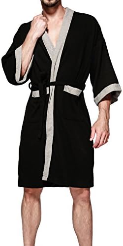 Earlish Men's Kimono Robe Soft Cotton Knit Waffle Weave Knee Length Spa Robe