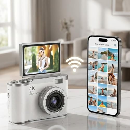 Câmera Digital 4K Ultra HD 48MP com Tela LCD Giratória 180°, Zoom Digital 8X, Flash LED, Bateria Recarregável – Ideal para Vlog, Selfie, Viagem e Iniciantes (Rosa)