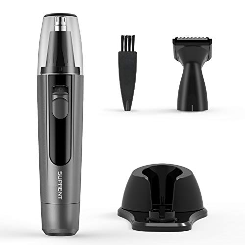 SUPRENT Men's Nose & Ear Hair Trimmer, Wet/Dry Nose Hair Clipper for Businessmen with Duck and LED Light, Waterproof Stainless Steel Rotation Blade, 1 AA Battery-Include (Gray)