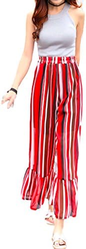 Moon Market Women Floral Chiffon Pleated Hem Wide Leg Casual Loose High Waist Cropped Pants Trousers Palazzo (XL, Red Stripe)