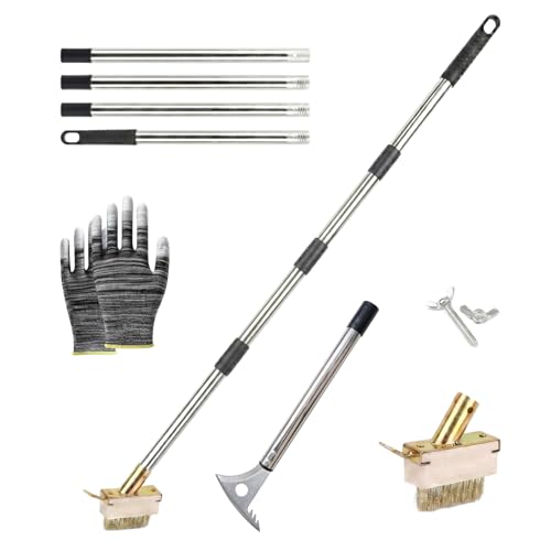 Kosmoflux Weed Remover Tool for Block Paving, 1-Sec Quick Release Weeding Tool with 63" Long Handle, 4-in-1 Scraper Axe & Metal Wire Brush Set for Garden Patio Driveway Crack Moss Removal