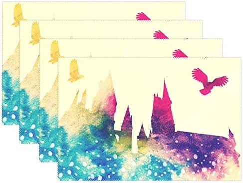 VNASKL Hogwarts Owl Hedwig Watercolor Placemats Set of 4 Heat Insulation Stain Resistant for Dining Table Durable Non-Slip Kitchen Table Place Mats