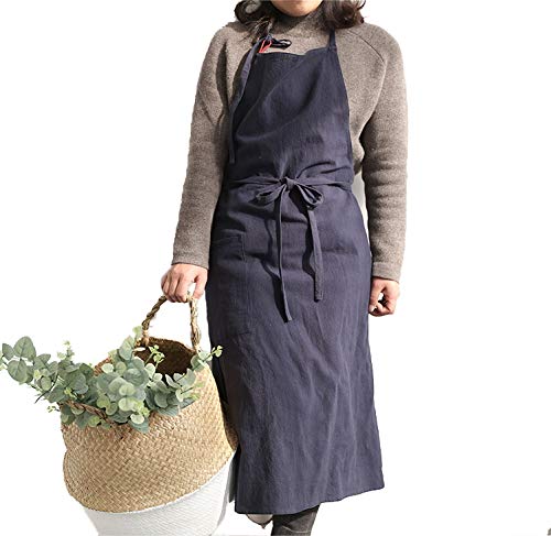 UHEIM Premium Free Size Linen Bib Apron Kitchen Apron with Large Pocket 9 Colors (Navy Blue)
