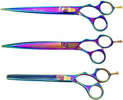 Kissaki Dog Shears 3 Set Combo Kareru 8.0" Straight &amp; Yakizume 8.0" Curved Blade &amp; Nagasa 48 tooth Rainbow Titanium Dog Grooming Scissors