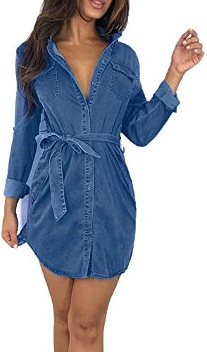 iLUGU Mature Mini Dress for Women Short Sleeve Round Collar Button Denim Plus Size Korean Ready Dinner Sexy Evening
