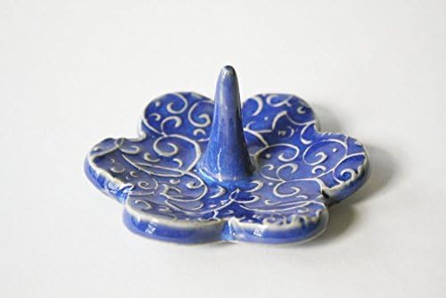 Royal blue ceramic ring dish, flower shape with embossed pattern. Nicely wrapped and ready for gifting. Ceramic Pottery handmade.
