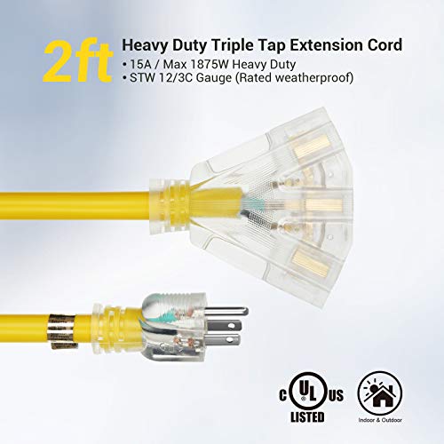 DEWENWILS 2 FT 12/3 Gauge Indoor/Outdoor Tri-Tap Extension Cord Splitter, STW 15 Amp Yellow Jacket C - //coolthings.us
