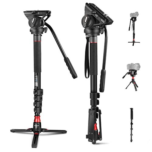 GM76 - Monopié para cámara Profesional con pies, 179 cm, telescópico, portátil, de Aluminio, para Viajes, Cabezal de Fluido inclinable y Base extraíble para cámara DSLR, Carga máxima de 6 kg