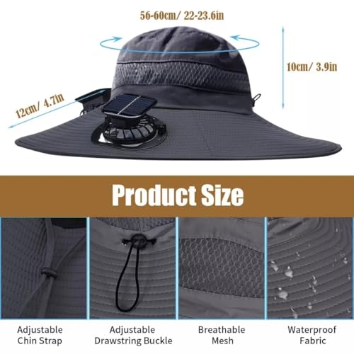 Solar Fan Sun Hat Wide Brim Hat Outdoor Wide Brim Sun Hat with 2 Solar Fan Fishing Hat, Hat UPF 50+, Removable & USB Charging