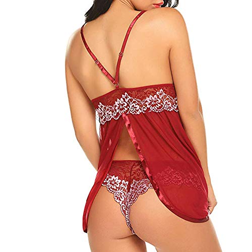 Kaitobe Sexy Lingerie for Women for Sex Ladies Lingerie Lace Patchwork Split Babydoll Teddy Sleepwear Sheer Chemise Red