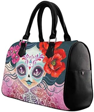 Women Leather Handbag Top Handle Bag Purse Boston Barrel HandBag Satchel Day of the Dead Sugar Skull Print