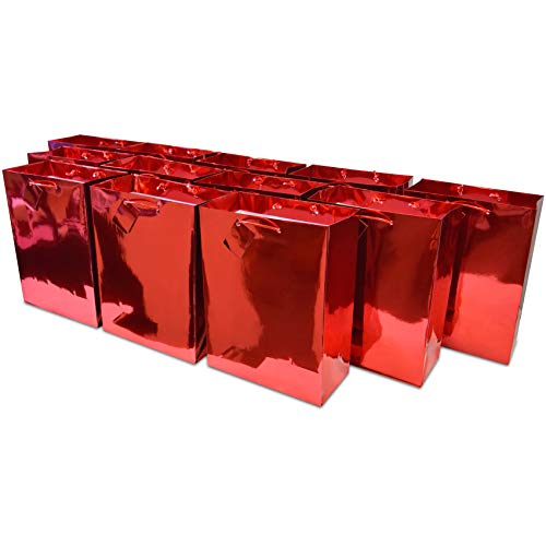 10x13x5" 12 Pcs. Large Metallic Red Paper Gift Bags with Metallic Handles, Party Favor Bags for Birthday Parties, Weddings Gifts