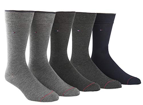 Tommy Hilfiger Men's sock's 5 Pair Flat Knit Rayon Blend Crew, Classic Navy/Flannel Heather/Graphite Heathe, Shoe Size 7-12