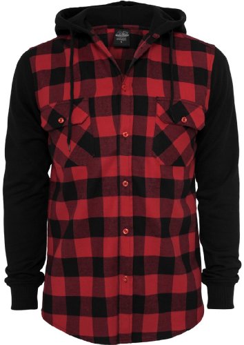 Urban Classics Men's TB513 Hooded Checked Flannel Sweat Sleeve Shirt M Blk/Red/Bl