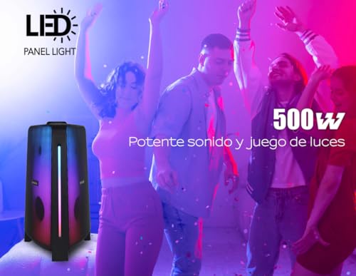 Aiwa Bocina Portátil Recargable 50W RMS, Bluetooth 5.3 con TWS, Doble Woofer de 5", Luces LED, Super Bass, Radio FM, Doble Entrada para Micrófono Karaoke, Pantalla LCD, Modelo AWPOK400LD Color Negro