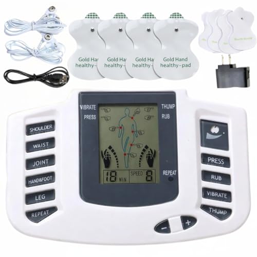 Aparelho Eletroestimulador Muscular TENS EMS Portátil com Eletrodos Premium 8 Modos e 10 Intensidades, Alívio Muscular, Alívio de Dores, Uso Doméstico, Fisioterapia Corporal em Casa