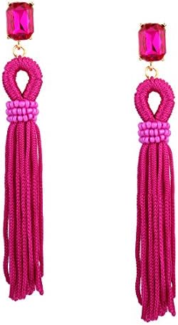 FHJEWE Colorful Seed Bead and Nylon Rope Tassel Dangle Drop Earrings Women's Rhinestone Pierced Stud Earring (Rose Red)