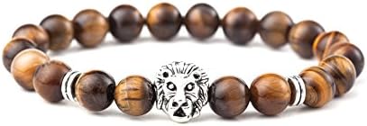 KOKY Tiger Eye Stones Beaded Stretch Bracelet with Lion Head (Silver)