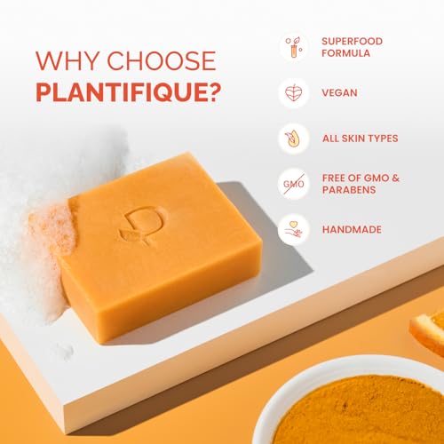 PLANTIFIQUE Kojic Acid & Turmeric Soap – Lab Tested – 4 Bars with Mesh Bag for Dark Spots & Hyperpigmentation – Face Wash with Vitamin C, Hyaluronic Acid & Collagen, 320 g
