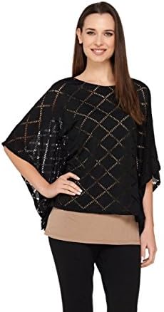 Lisa Rinna Collection 3/4 Slv Caftan Top Laser Cut Black Taupe L NEW A263127