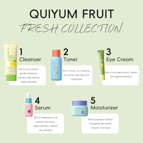 QUIYUM Fruit Skin Care Gift Set, 5 Piece Face Moisturizing Skincare Kit, Beauty Routine for Women and Teens, Intense Hydration, Natural Glow
