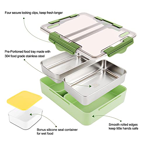 Bento Box, Genteen On the Go Lunch Box with High Capacity Stainless Steel Trays for Kids or Adults with Sauce Box, Fork and Spoon