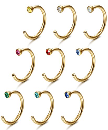 ORAZIO 9PCS 18G Stainless Steel Septum Nose Ring Stud Body Piercing Jewelry Cubic Zirconia Inlaid