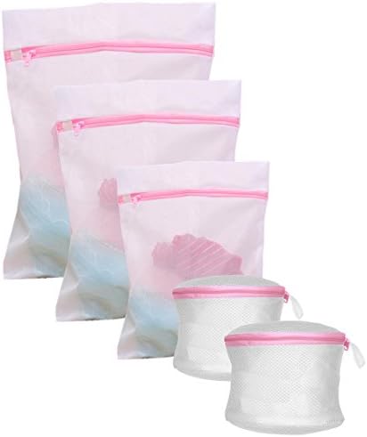 Moscany Set of 5 Mesh Laundry Bags for Underwear, Bra and Lingerie - 2 Bra Bags and 3 Wash Bags ( pink )