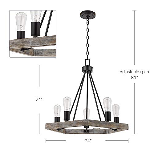Catalina Lighting 22164-000 Country Rustic Geometric 5-Light Metal Cage Chandelier with Faux Wood Trim, 21", Black