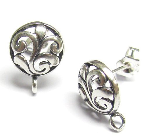 1 pair x Bali Sterling Silver Round Flower Stud Earrings Loop Post Connector w/Clutches/Ear nut