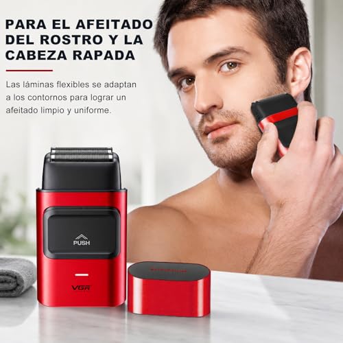 VGR 307 Afeitadora de Lámina Inalámbrica para Hombre, Red de Cuchillas de Titanio de Doble Capa, Afeitadora Eléctrica con Motor de Alto Rendimiento 9000 Rpm, Indicador de Carga y Carga USB, Rojo