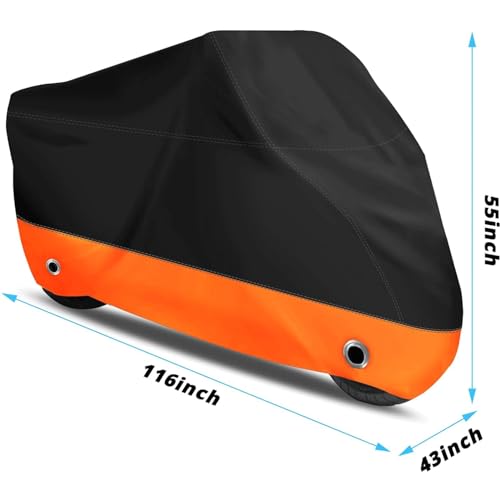 EASYBUYTECH Motorcycle Cover,Motorbike Cover All Season Universal Weather Waterproof Sun Outdoor Protection with Lock-Holes & Storage Bag,Black and Orange 4XL Motorcycles Vehicle Cover