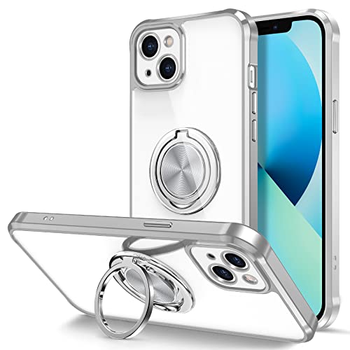 Hython for iPhone 13 Case with Ring Stand [360° Rotatable Ring Holder Magnetic Kickstand] [Support Car Mount] Luxury Plated Edge Transparent Hard PC Cover Protective Phone Case, Clear Silver