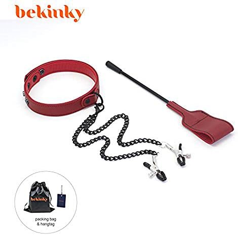 Bekinky PU Leather Choker Necklace Collar with Clamps Riding Crop Horse Whip for Women Girls, 2PCS (Red)