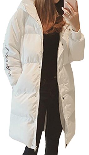 BYBU Women's Winter Warm Hooded Down Jacket Long Overcoat White M