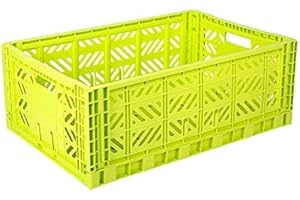 AYKASA Collapsible Storage Bins, Plastic Crate, Utility Stackable Box, Milk Crate (Large, Acid Yellow)