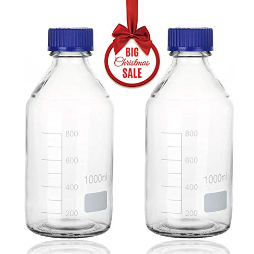 Cadamada 1000 ML Thick Glass Round Media Storage Bottles with Blue GL45 Screw Cap Pk/2 Thick Graduated Borosilicate Pyrex Glass Container - Thumbnail 5