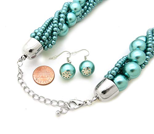 Fashion 21 Women's Twisted Multi-Strand Simulated Pearl, Acrylic Ball Statement Necklace and Earrings Set (Teal)