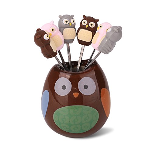 Zeltauto 6 Pcs Stainless Steel Fruit Forks Cute Cartoon Animal Food Picks Salad Cake Dessert Forks, Comes with a Ceramic Holder (Owl)