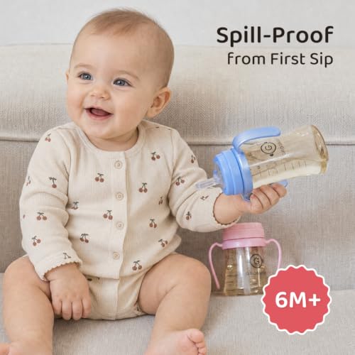 GROSMIMI Spill Proof No Spill Magic Sippy Cup with Straw with Handle for Baby and Toddlers, PPSU, BPA Free, 10 oz, Pink