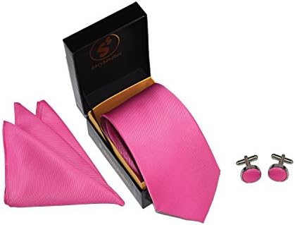 Men's Solid Color Tie Handkerchief Cufflinks Set 3pc Premium Necktie in Gift Box | Neon Pink