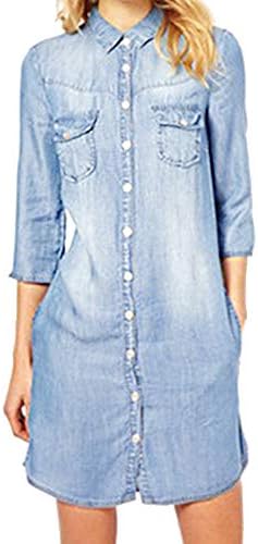 Satiny Ladies Casual Dress Slim Fit Mermaid Skirt Loose Large Buttons Summer Stretch Cowboy Mini Dress Shirt Women's Fashion Vintage Elegant Seven-Sleeve Skirt Blouse Top Coat Denim Knee-Length Dress