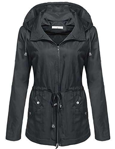 Elever Women's Detachable Hooded Drawstring Anorak Military Utility Jacket Grey L