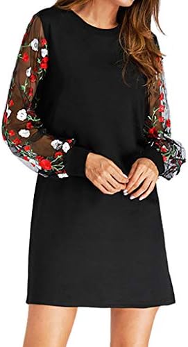 BaZhaHei Women's Long Sleeve Floral Print Dress O-Neck Embroidery Mesh Casual Jumper T Shirt Dresses A-Line Mini Dress Black