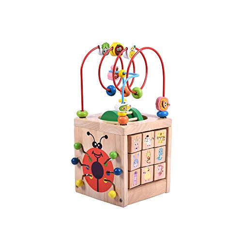 CCGTOY 6 in 1 Wooden Bead Maze Activity Cube Mult-IPurpose Activity Center Box Educational Skill Improvement Wood Toys for Kids