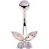 Pierced Owl 14GA 316L Stainless Steel Pink Opalite CZ Crystal Butterfly Belly Button Ring